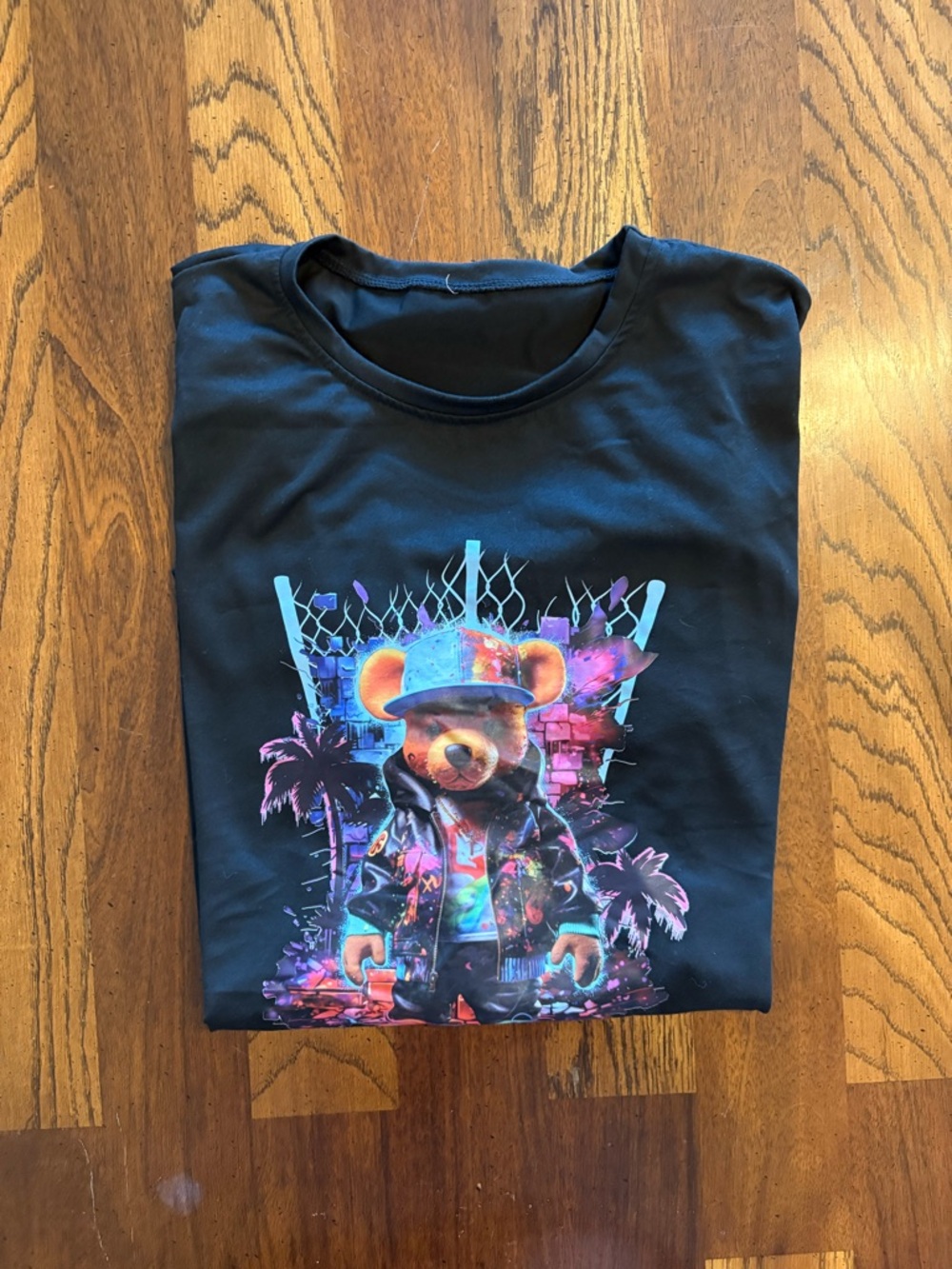 Black Graphic Bear Short Sleeve Tee - Neon Street Art Style-Polyester